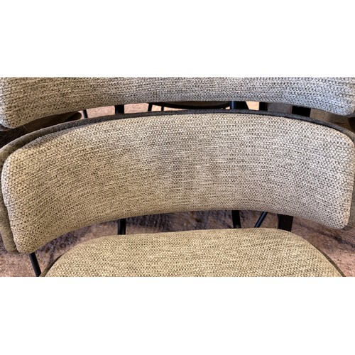 3067 - A parquet top oak table with six green, two tone chairs