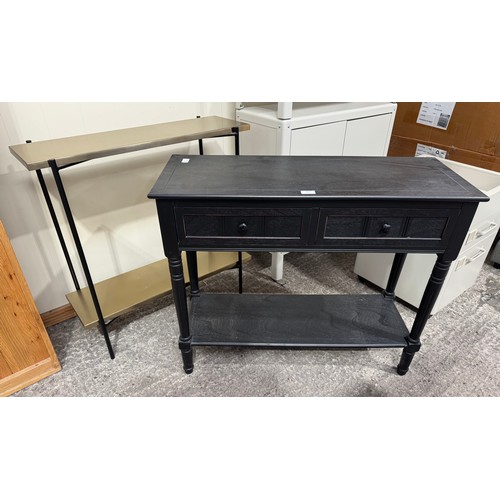 3095 - A black wooden two drawer console table and a black and gold effect two tier console table