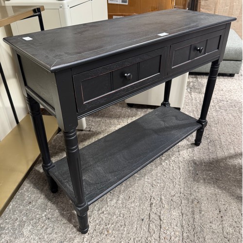 3095 - A black wooden two drawer console table and a black and gold effect two tier console table