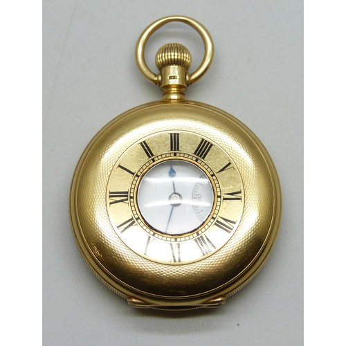 7210 - An 18ct gold half hunter pocket watch with engraved design and enamel numerals, hallmarks worn, pers...