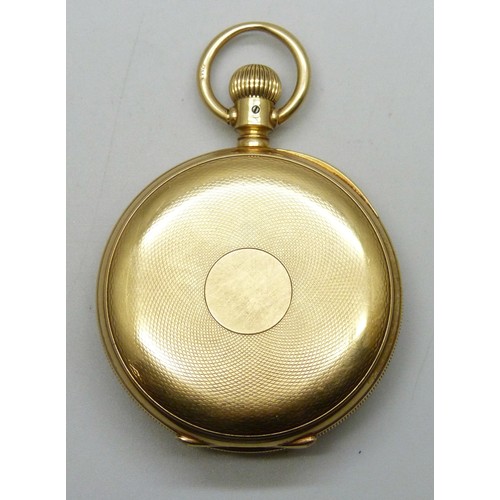 7210 - An 18ct gold half hunter pocket watch with engraved design and enamel numerals, hallmarks worn, pers... 