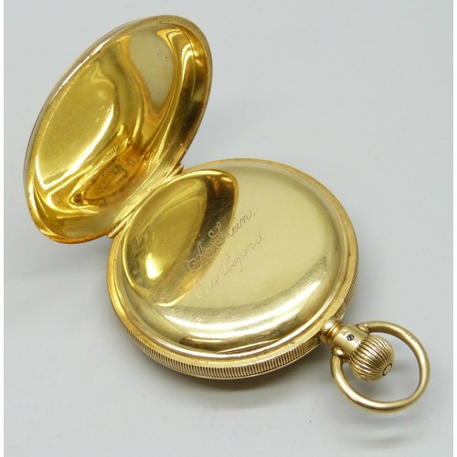 7210 - An 18ct gold half hunter pocket watch with engraved design and enamel numerals, hallmarks worn, pers... 