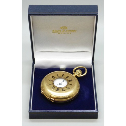 7210 - An 18ct gold half hunter pocket watch with engraved design and enamel numerals, hallmarks worn, pers... 