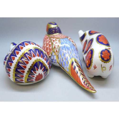 2018 - Three Royal Crown Derby paperweights, hedgehog, pig and pheasant