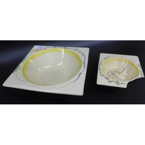 2019 - Two Clarice Cliff Biarritz square bowls, one a/f
