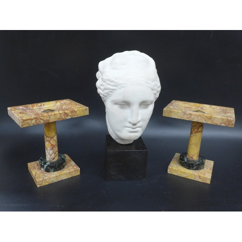 2023 - A pair of marble stands and a plaster bust on stand, marble stands height 13.5cm