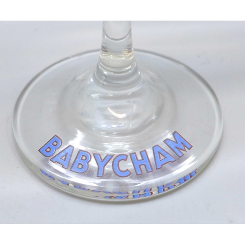 2034 - Seven Babycham coupe glasses and a Cherry B glass