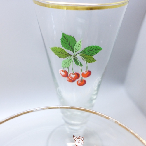 2034 - Seven Babycham coupe glasses and a Cherry B glass