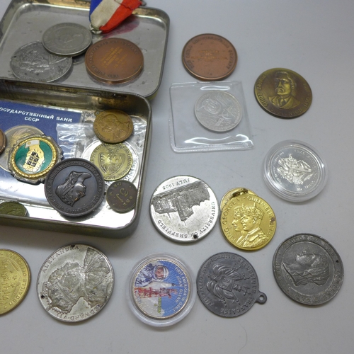 2214 - A Tom Long tin of mixed medals/medallions