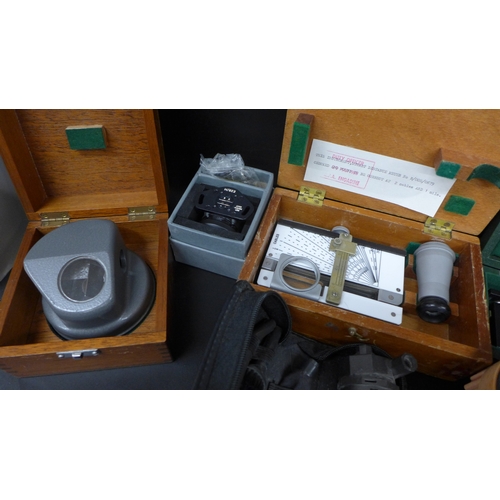 2058 - A Haff (Germany) Planimeter, cased, a Stuart Distance meter, cased, and other optics, attachments, e... 