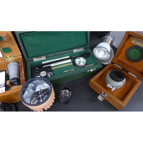 2058 - A Haff (Germany) Planimeter, cased, a Stuart Distance meter, cased, and other optics, attachments, e... 