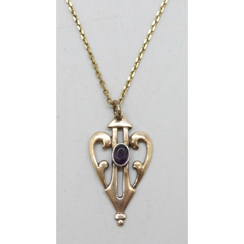 7010 - An Art Nouveau gold plated pendant on a gold plated chain, 3.2cm pendant including bail