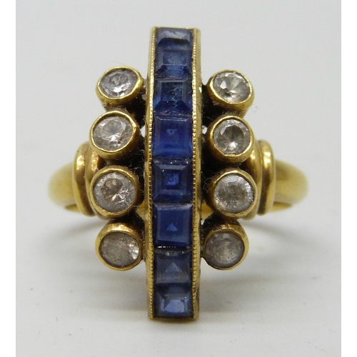 7035 - A yellow metal Art Deco style sapphire and white stone ring, marked 585, 5.8g, M/N