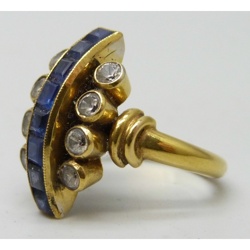 7035 - A yellow metal Art Deco style sapphire and white stone ring, marked 585, 5.8g, M/N