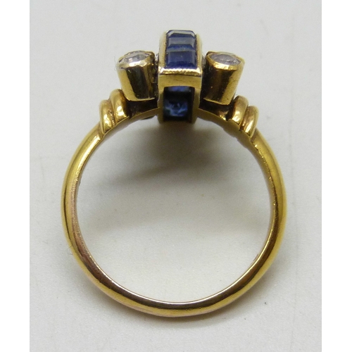 7035 - A yellow metal Art Deco style sapphire and white stone ring, marked 585, 5.8g, M/N