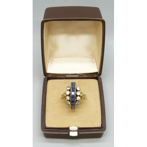 7035 - A yellow metal Art Deco style sapphire and white stone ring, marked 585, 5.8g, M/N