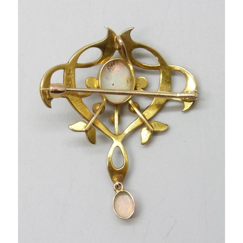 7058 - An early 20th century Art Nouveau 9ct gold, opal and seed pearl brooch, with hook to attach bail to ... 