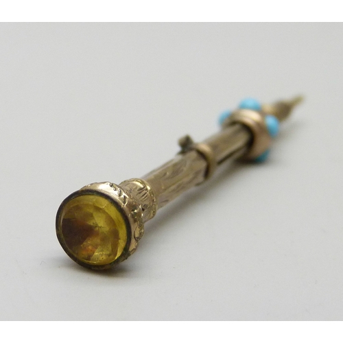 7073 - A Victorian propelling pencil set with turquoise colour cabochons, paste yellow stone end, 2.1g, 5.2... 