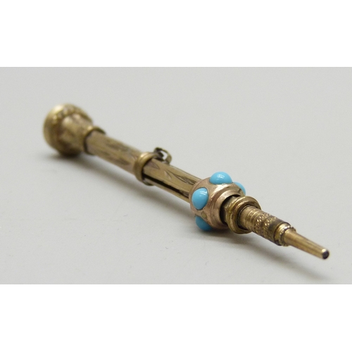 7073 - A Victorian propelling pencil set with turquoise colour cabochons, paste yellow stone end, 2.1g, 5.2... 
