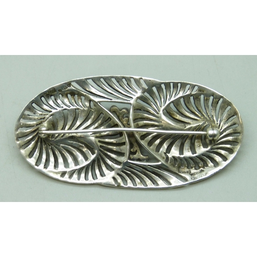 7087 - An Art Deco style silver and marcasite brooch, pearl with glue residue and some marcasite missing, L... 