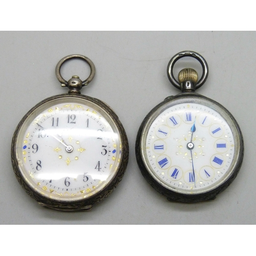 7211 - Two .935 Continental silver fob watches, one back doesn't stay closed, 91g total