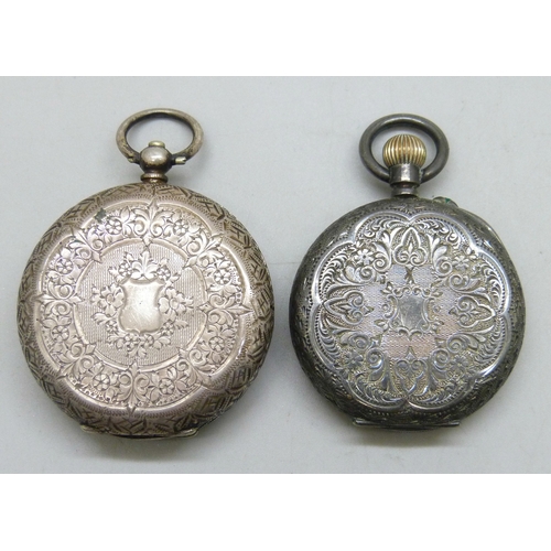7211 - Two .935 Continental silver fob watches, one back doesn't stay closed, 91g total