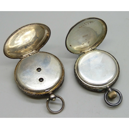 7211 - Two .935 Continental silver fob watches, one back doesn't stay closed, 91g total
