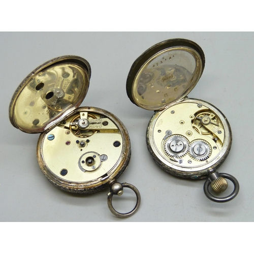 7211 - Two .935 Continental silver fob watches, one back doesn't stay closed, 91g total