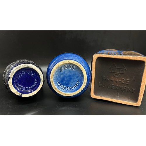 3 - Three blue Glazed West German pottery vases