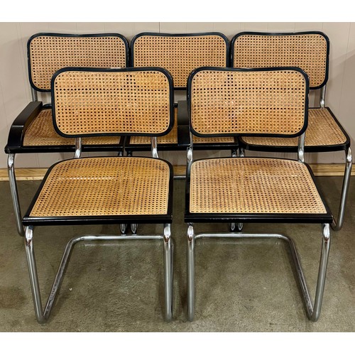 67 - A set of five Italian ebonised, chrome and bergere cantilever dining chairs, manner of Marcel Breuer