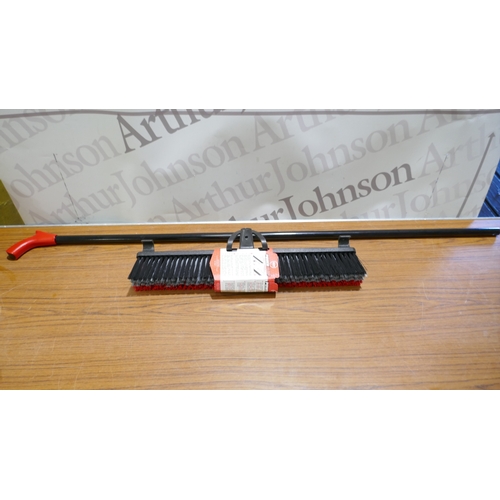6051 - A power grip broom, a roll of Kirkland Signature Christmas  foil wrapping paper and a Feit shop ligh... 