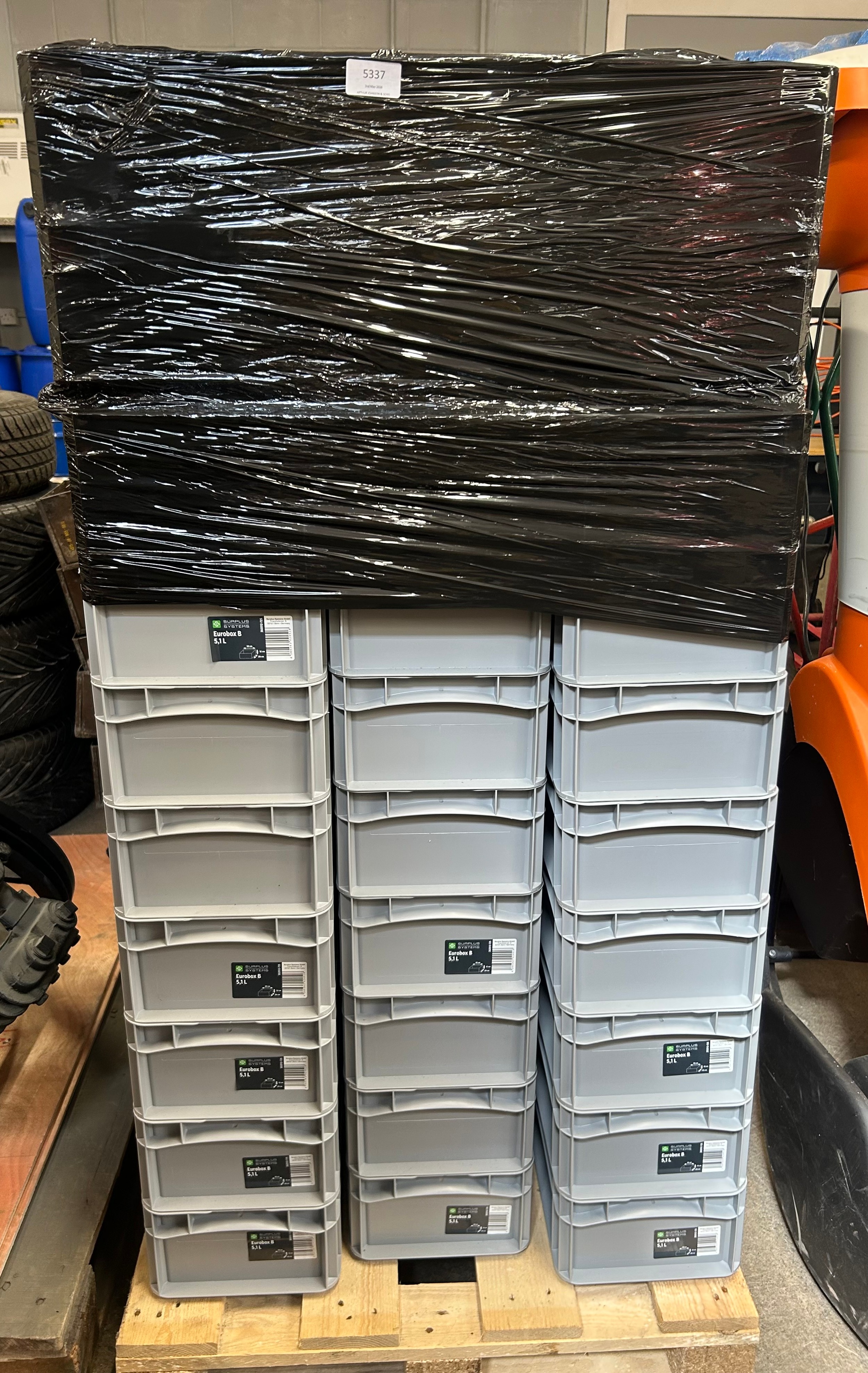 A pallet of 90 Surplus Systems 5.1litre plastic Eurobox storage bins