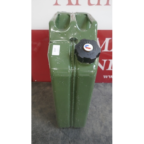 5037 - A green painted 20 litre metal jerry can and fuel nozzle  *This lot is subject to VAT