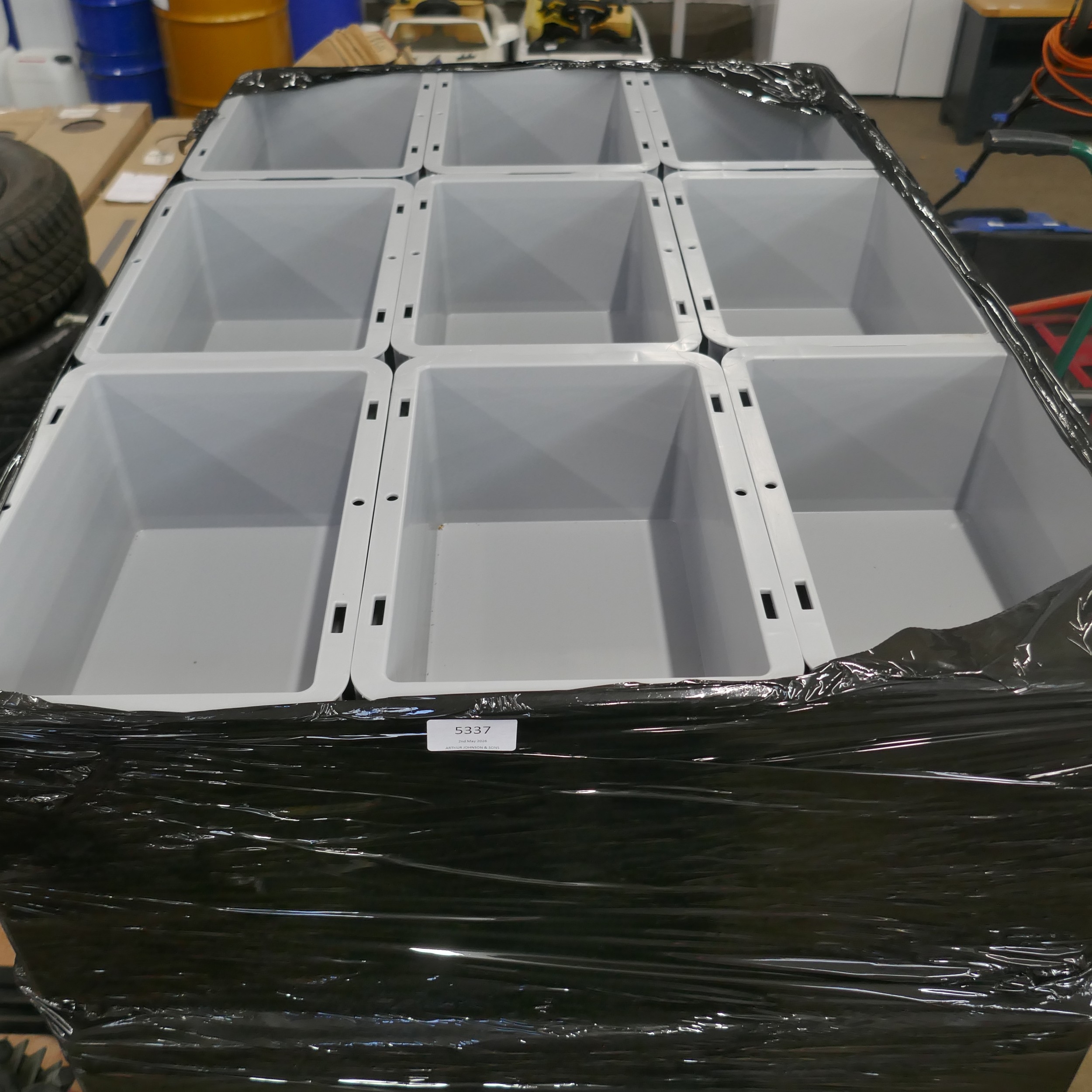 A pallet of 90 Surplus Systems 5.1litre plastic Eurobox storage bins