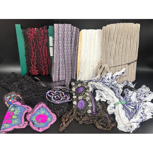 2108 - Two boxes of vintage lace, trims, haberdashery, etc.