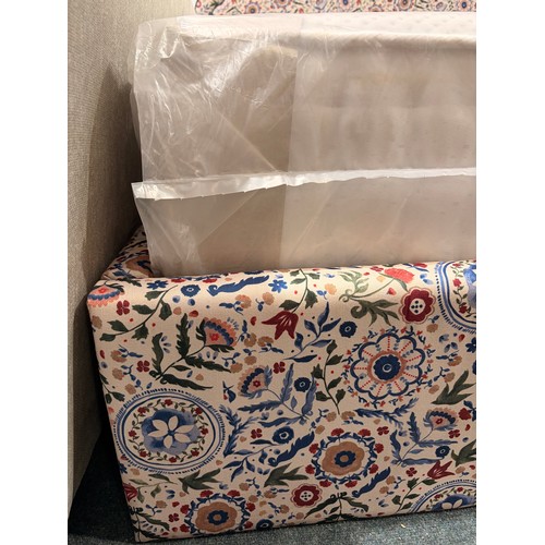 3085 - A white festival flower patterned fabric king size loft bed and a doubled sided king size mattress