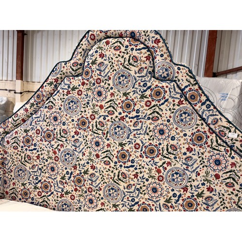 3085 - A white festival flower patterned fabric king size loft bed and a doubled sided king size mattress