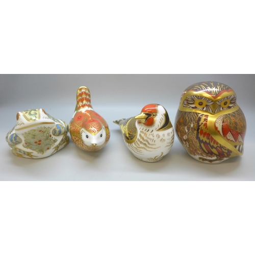 2048 - Four Royal Crown Derby paperweights with gold stoppers, goldfinch, marigold wren, marsh frog and Ath... 
