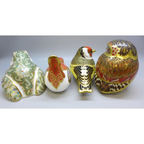 2048 - Four Royal Crown Derby paperweights with gold stoppers, goldfinch, marigold wren, marsh frog and Ath... 