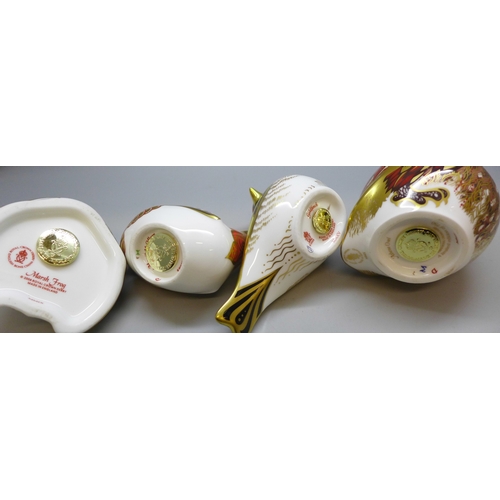 2048 - Four Royal Crown Derby paperweights with gold stoppers, goldfinch, marigold wren, marsh frog and Ath... 