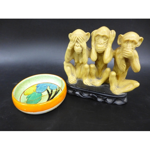2053 - A Clarice Cliff cafe-au-lait dish (a/f) together with a three wise monkey's figure
