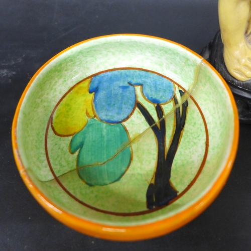 2053 - A Clarice Cliff cafe-au-lait dish (a/f) together with a three wise monkey's figure