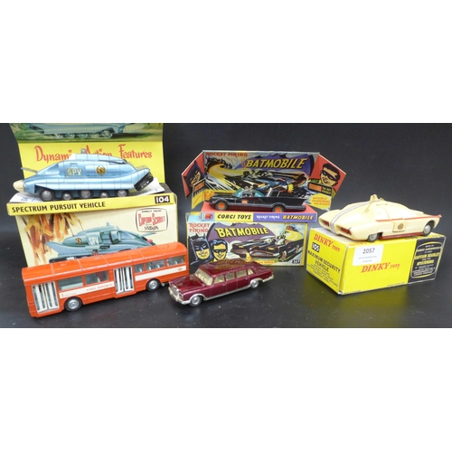 2057 - Five die-cast model vehicles in reproduction boxes, Corgi Toys Batmobile, Dinky Toys SPV and Maximun... 