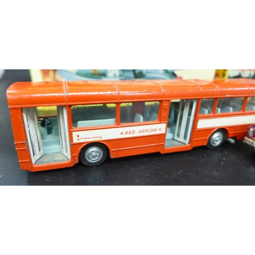 2057 - Five die-cast model vehicles in reproduction boxes, Corgi Toys Batmobile, Dinky Toys SPV and Maximun... 