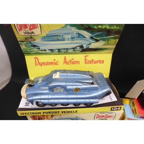 2057 - Five die-cast model vehicles in reproduction boxes, Corgi Toys Batmobile, Dinky Toys SPV and Maximun... 
