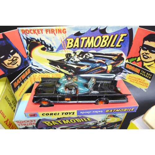 2057 - Five die-cast model vehicles in reproduction boxes, Corgi Toys Batmobile, Dinky Toys SPV and Maximun... 