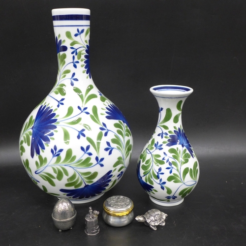 2072 - Two hand painted vases, a Royal Selangor Pewter trinket pot and three other small trinkets