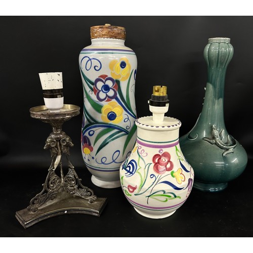2260 - Four table lamp bases, two Poole, one plated and one with reptile detail  *Not available for packing... 
