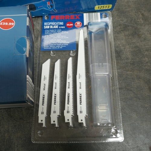 A box of assorted tools including Ferrex 850w reciprocating saw, Ferrex ...
