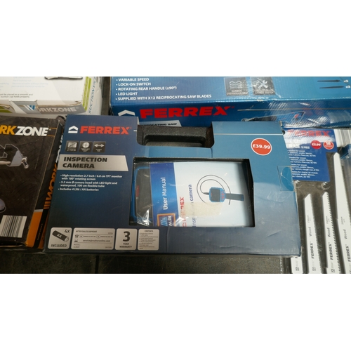 A box of assorted tools including Ferrex 850w reciprocating saw, Ferrex ...